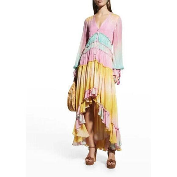 ROCOCO SAND Zale Metallic Pastel High-Low Rainbow Maxi Dress Swim Cover Up XS - Picture 3 of 7